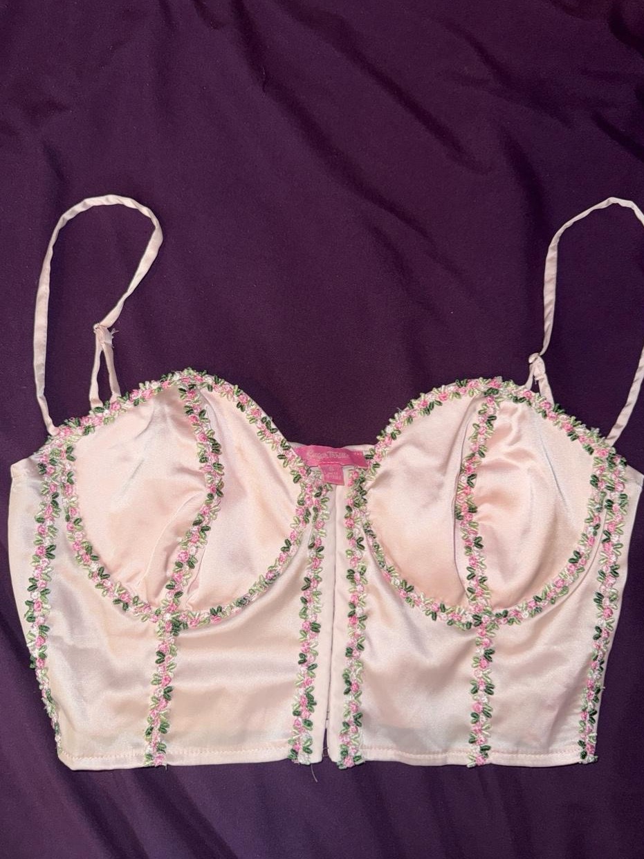 Sugar Thrillz Pink Crop Top With Spaghetti Straps And Floral Pattern